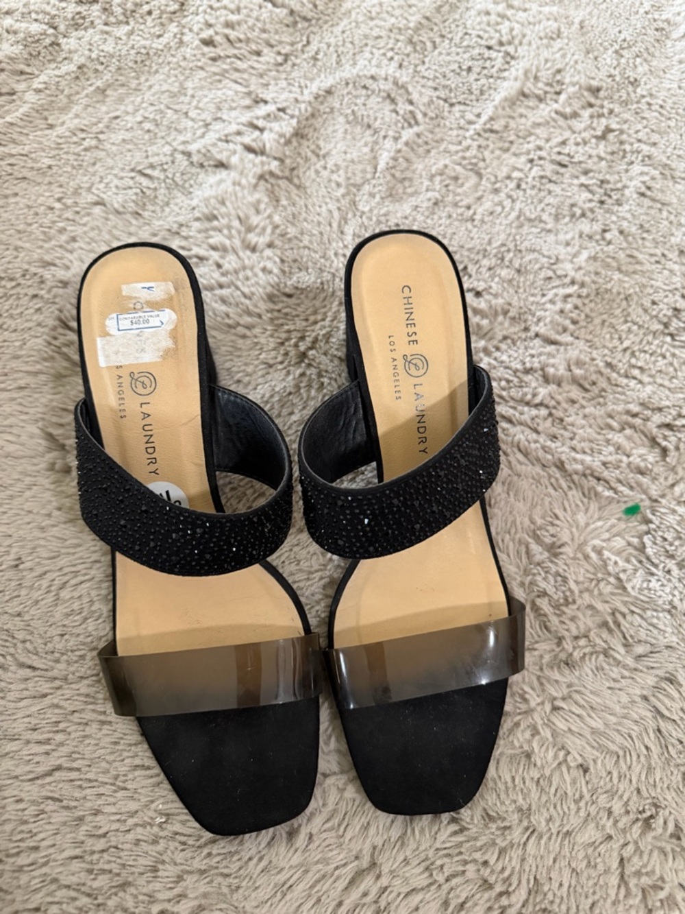 Chinese Laundry Black Crystal Strap and Clear Band Slide Mules